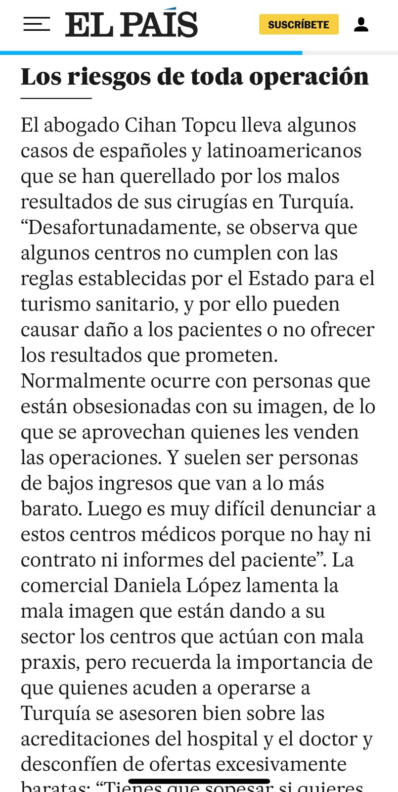 Entrevista en El País sobre Cirugía Estética